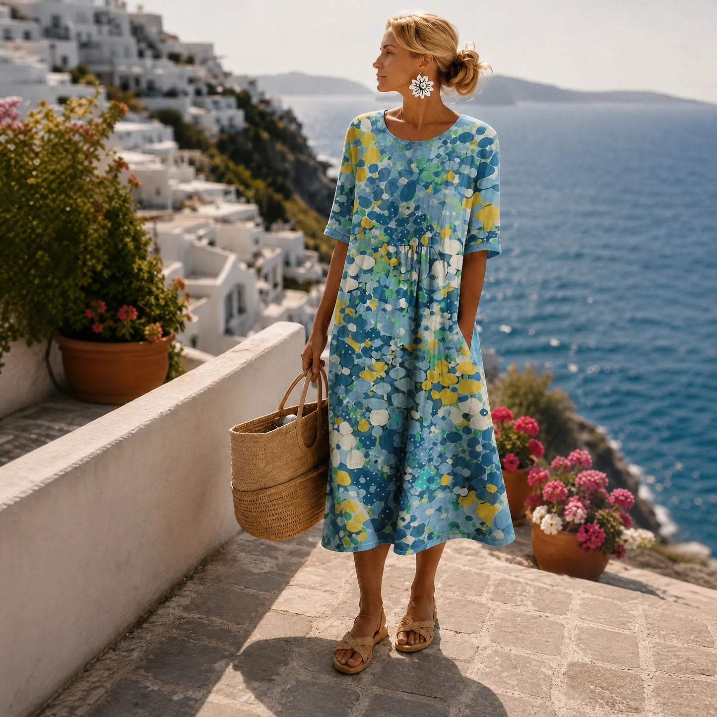 Vestido de Verano Midi Estampado con Manga Corta y Bolsillos