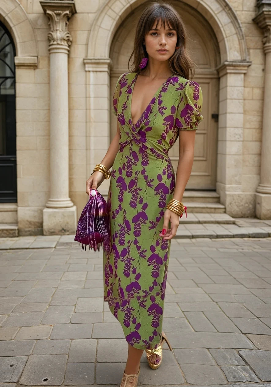 Vestido de Verano Midi Flores Elegante con Drapeado