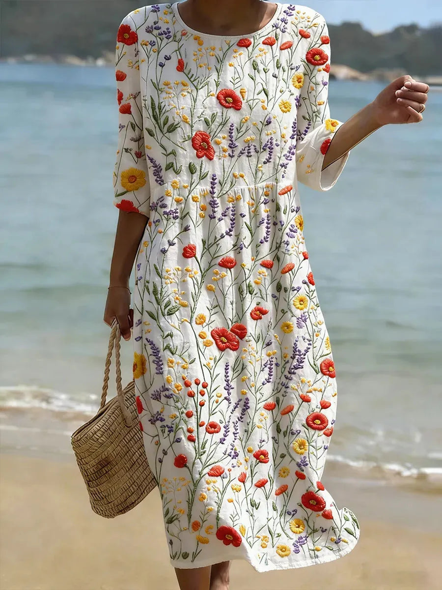 Vestido de Verano Midi Vintage Flores con Manga Tres Cuartos