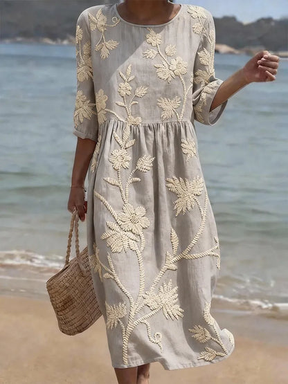 Vestido de Verano Midi Vintage Flores con Manga Tres Cuartos