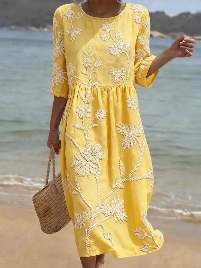 Vestido de Verano Midi Vintage Flores con Manga Tres Cuartos
