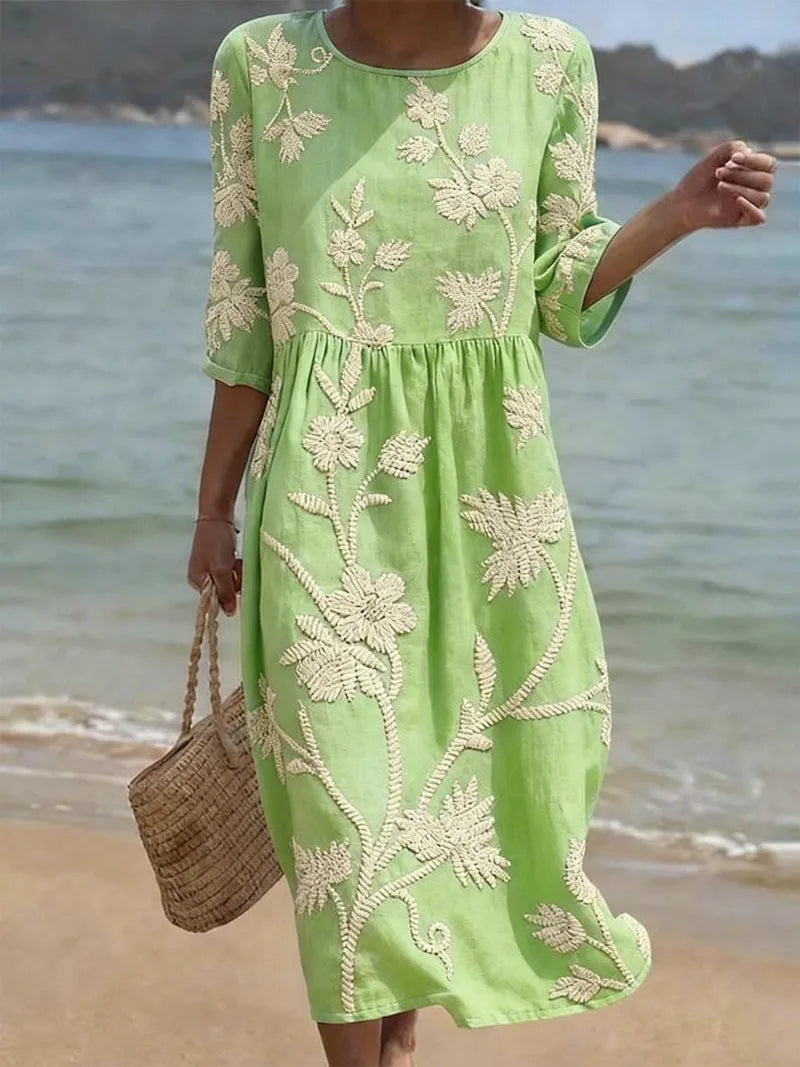 Vestido de Verano Midi Vintage Flores con Manga Tres Cuartos