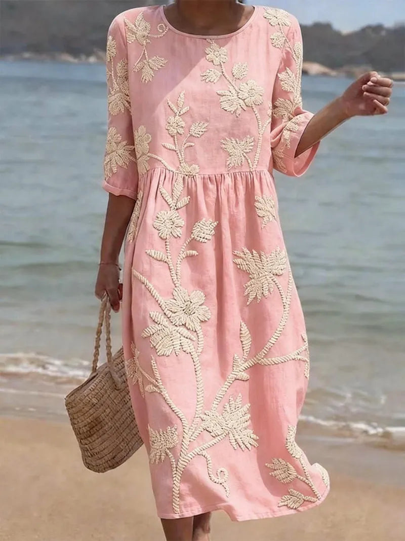 Vestido de Verano Midi Vintage Flores con Manga Tres Cuartos