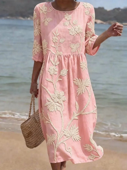 Vestido de Verano Midi Vintage Flores con Manga Tres Cuartos