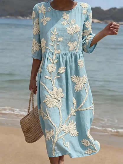 Vestido de Verano Midi Vintage Flores con Manga Tres Cuartos