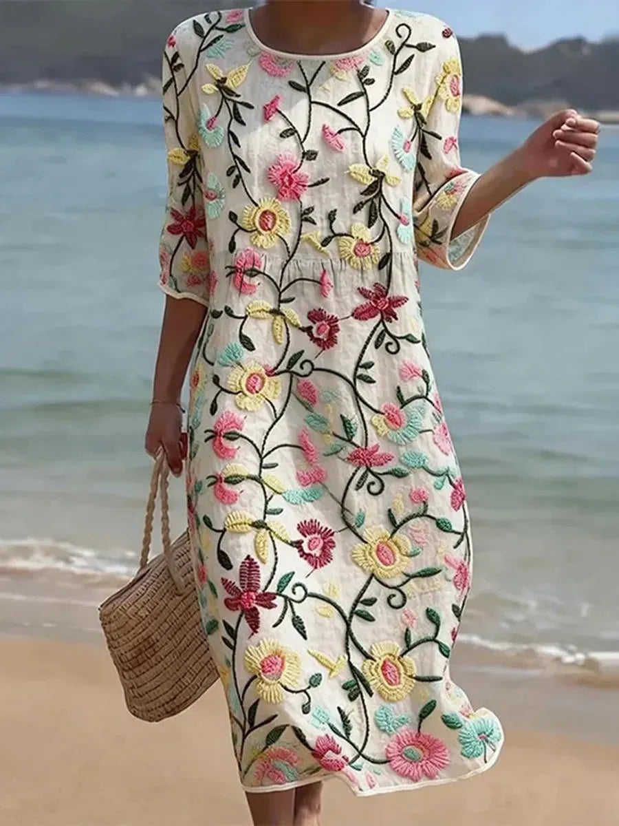 Vestido de Verano Midi Vintage Flores con Manga Tres Cuartos