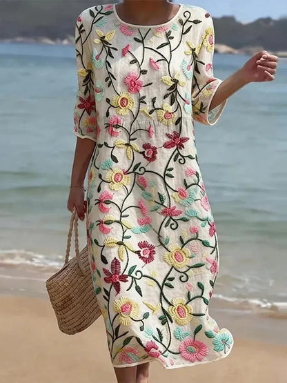 Vestido de Verano Midi Vintage Flores con Manga Tres Cuartos