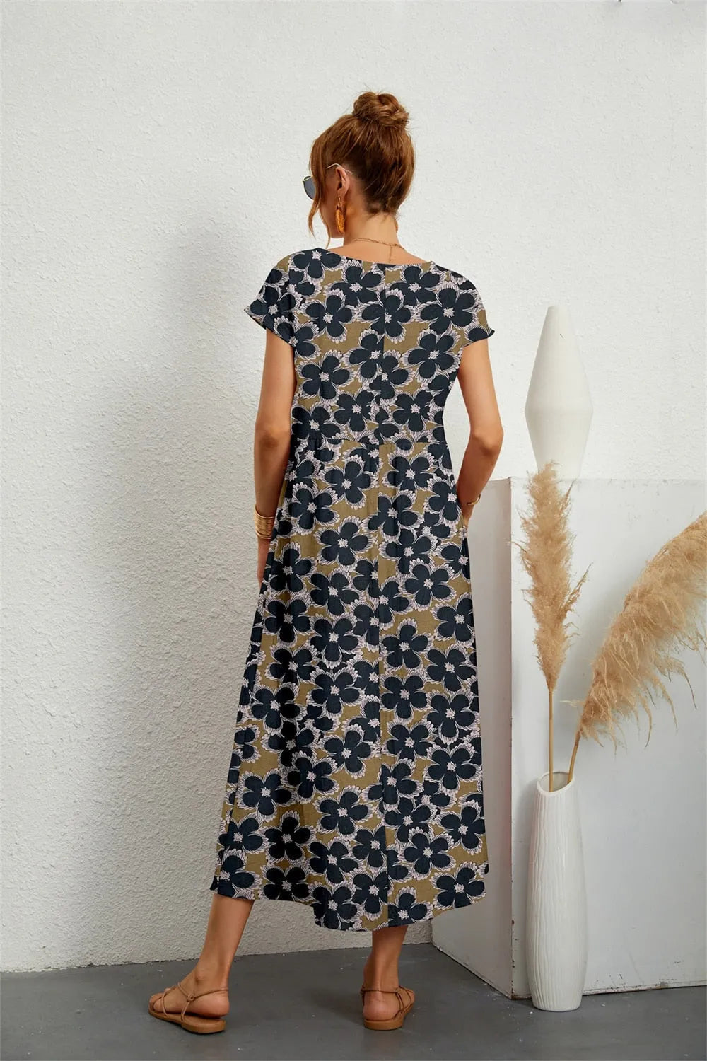Vestido de Verano Midi de Flores Casual con Manga Corta