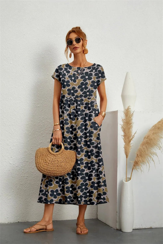 Vestido de Verano Midi de Flores Casual con Manga Corta
