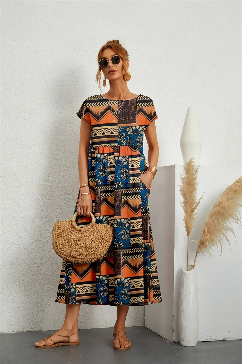Vestido de Verano Midi de Flores Casual con Manga Corta