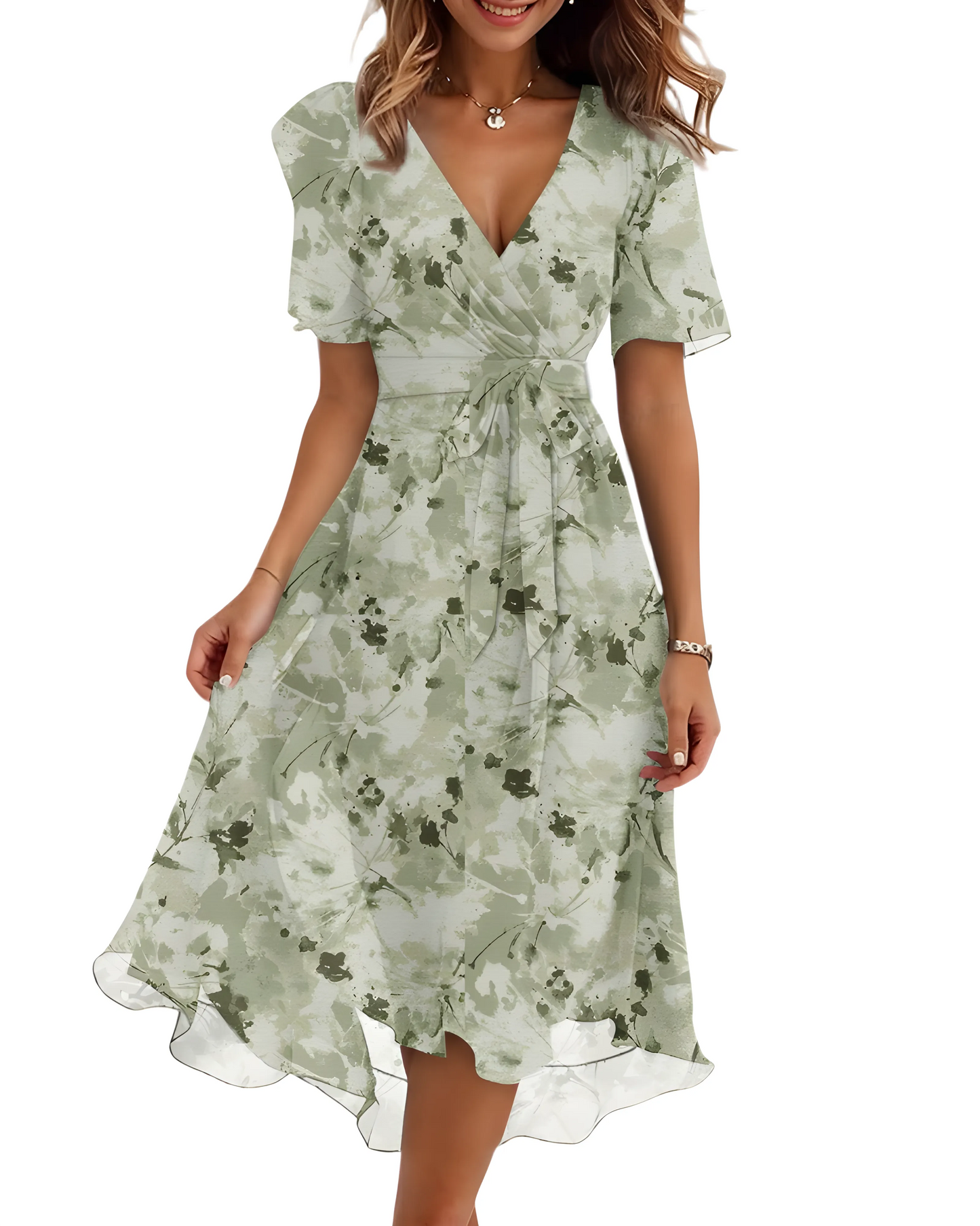 Vestido de Verano Midi de Flores Elegante con Manga Abullonada