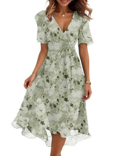 Vestido de Verano Midi de Flores Elegante con Manga Abullonada