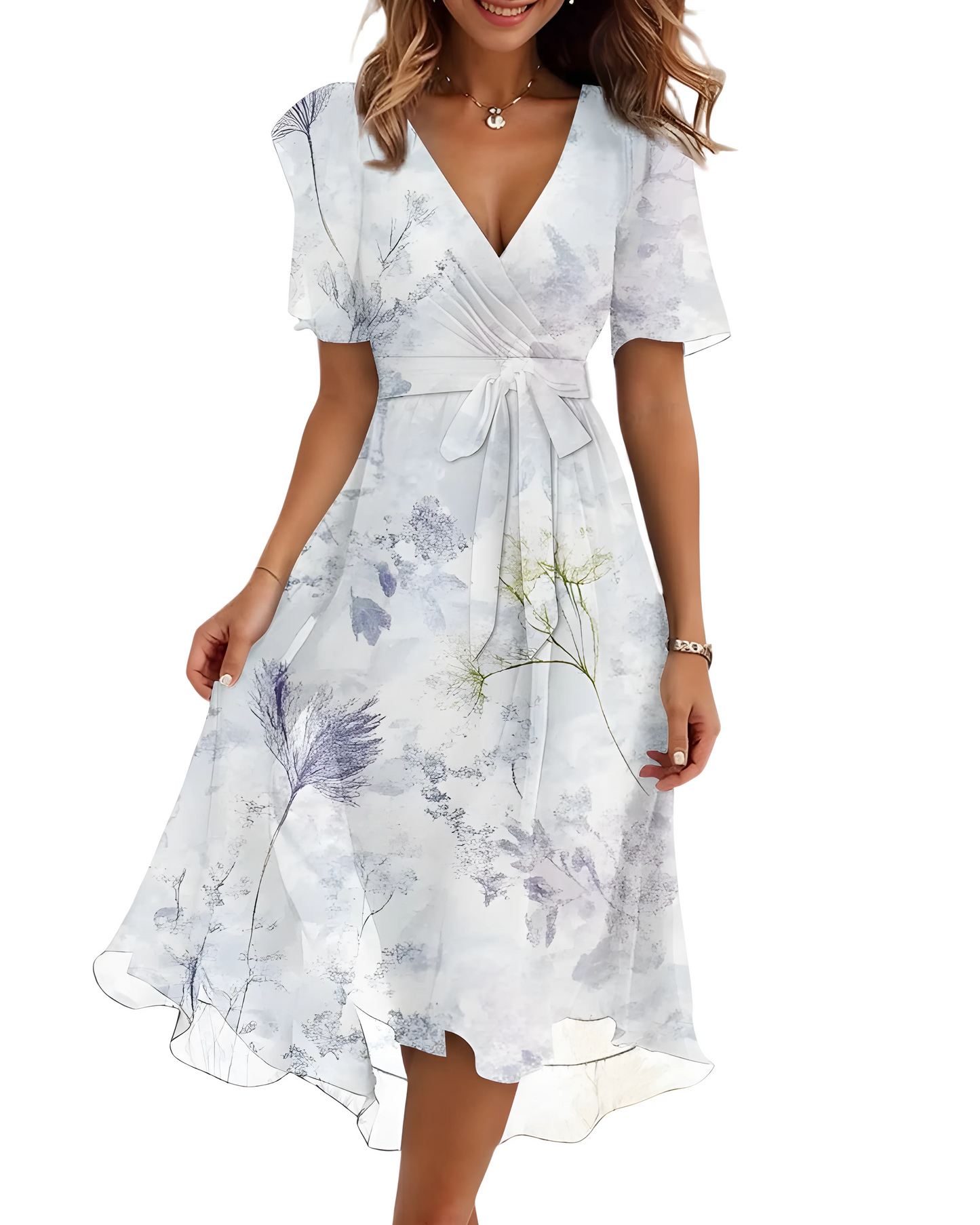 Vestido de Verano Midi de Flores Elegante con Manga Abullonada