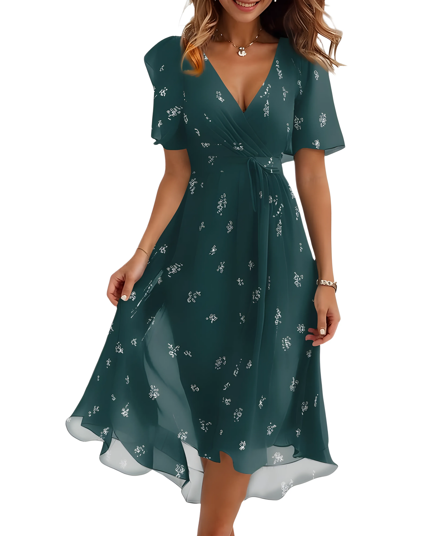 Vestido de Verano Midi de Flores Elegante con Manga Abullonada