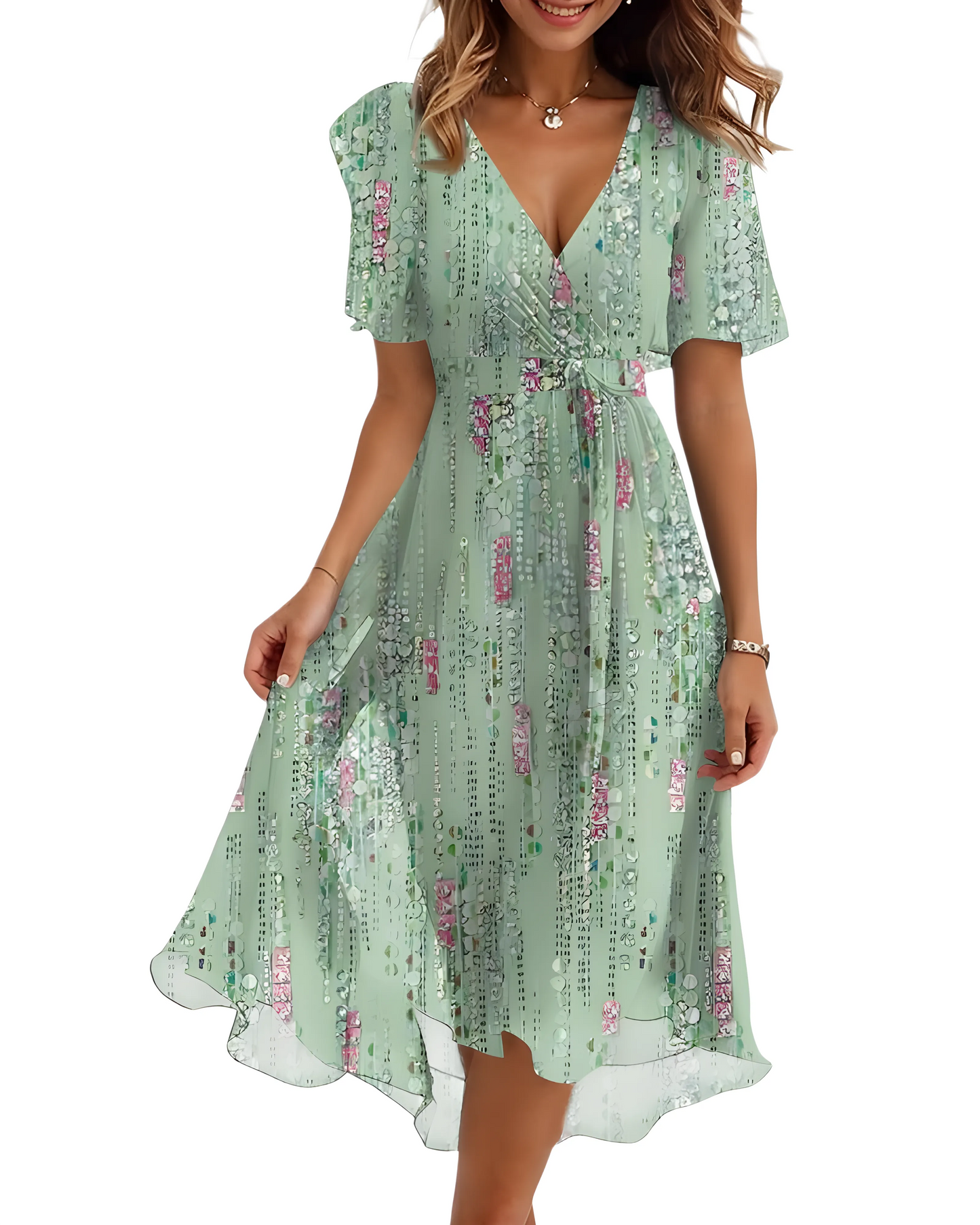 Vestido de Verano Midi de Flores Elegante con Manga Abullonada
