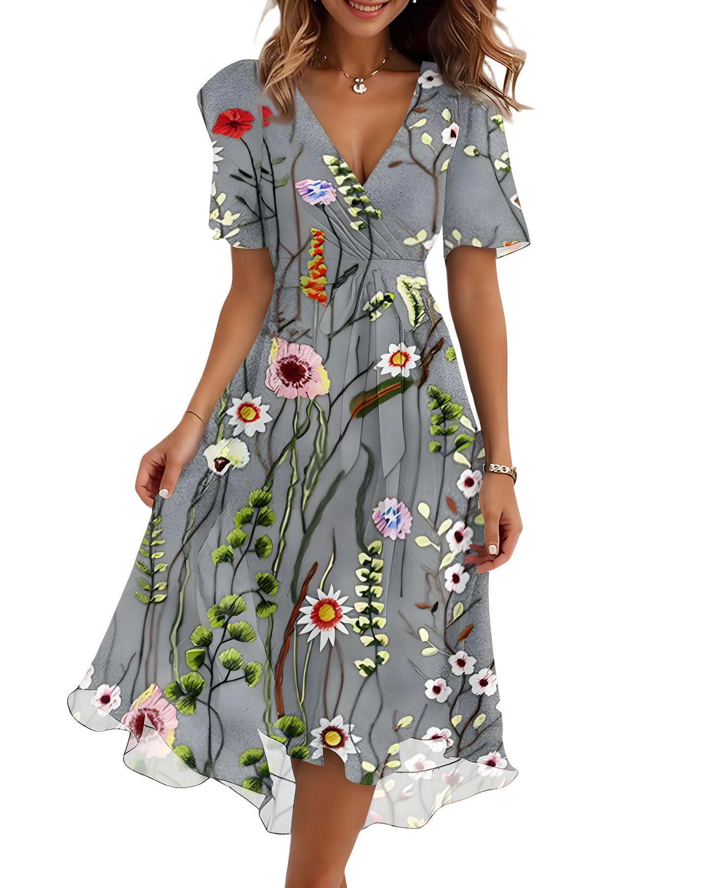 Vestido de Verano Midi de Flores Elegante con Manga Abullonada
