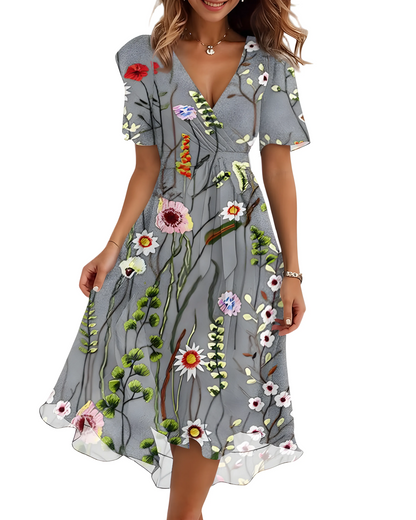 Vestido de Verano Midi de Flores Elegante con Manga Abullonada