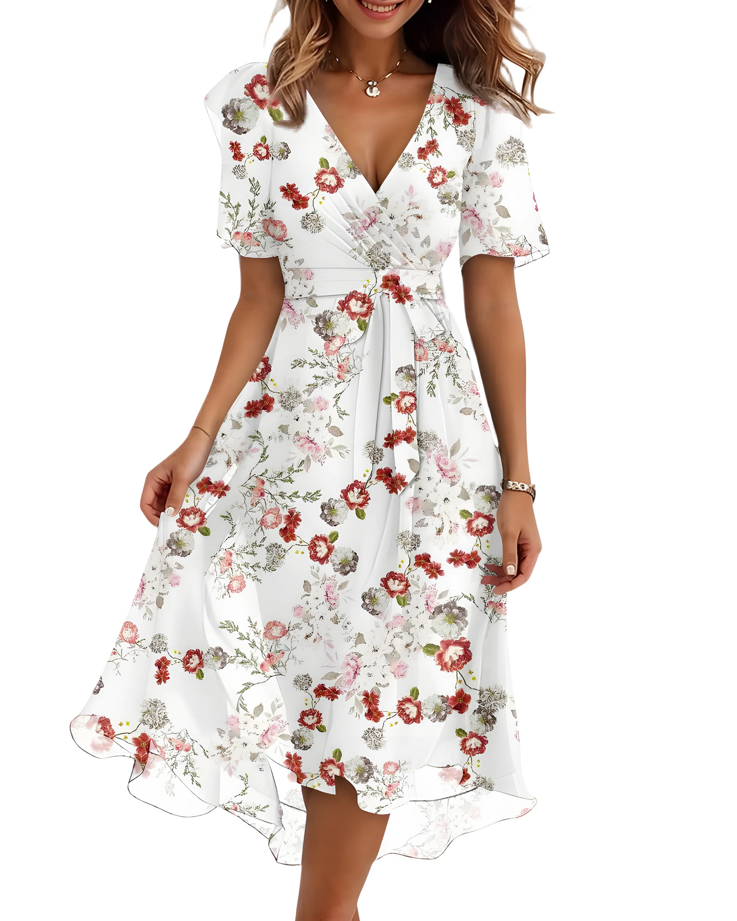 Vestido de Verano Midi de Flores Elegante con Manga Abullonada
