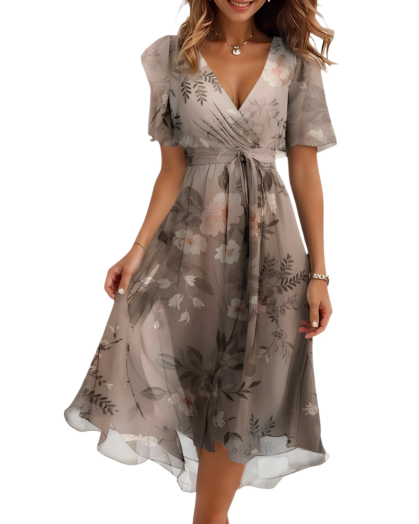 Vestido de Verano Midi de Flores Elegante con Manga Abullonada