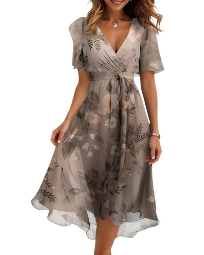 Vestido de Verano Midi de Flores Elegante con Manga Abullonada