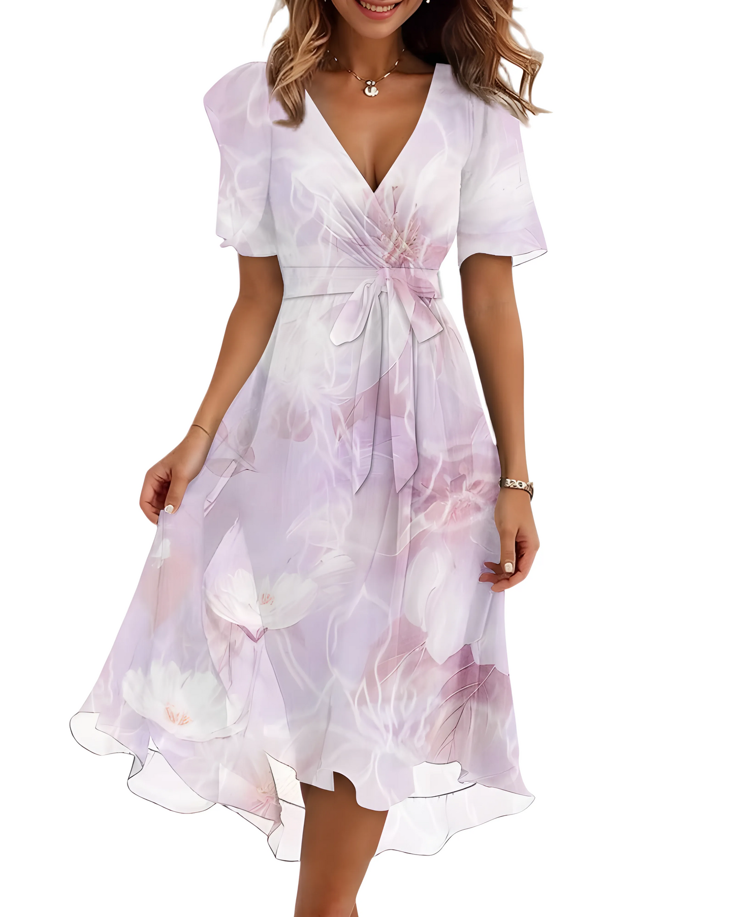 Vestido de Verano Midi de Flores Elegante con Manga Abullonada