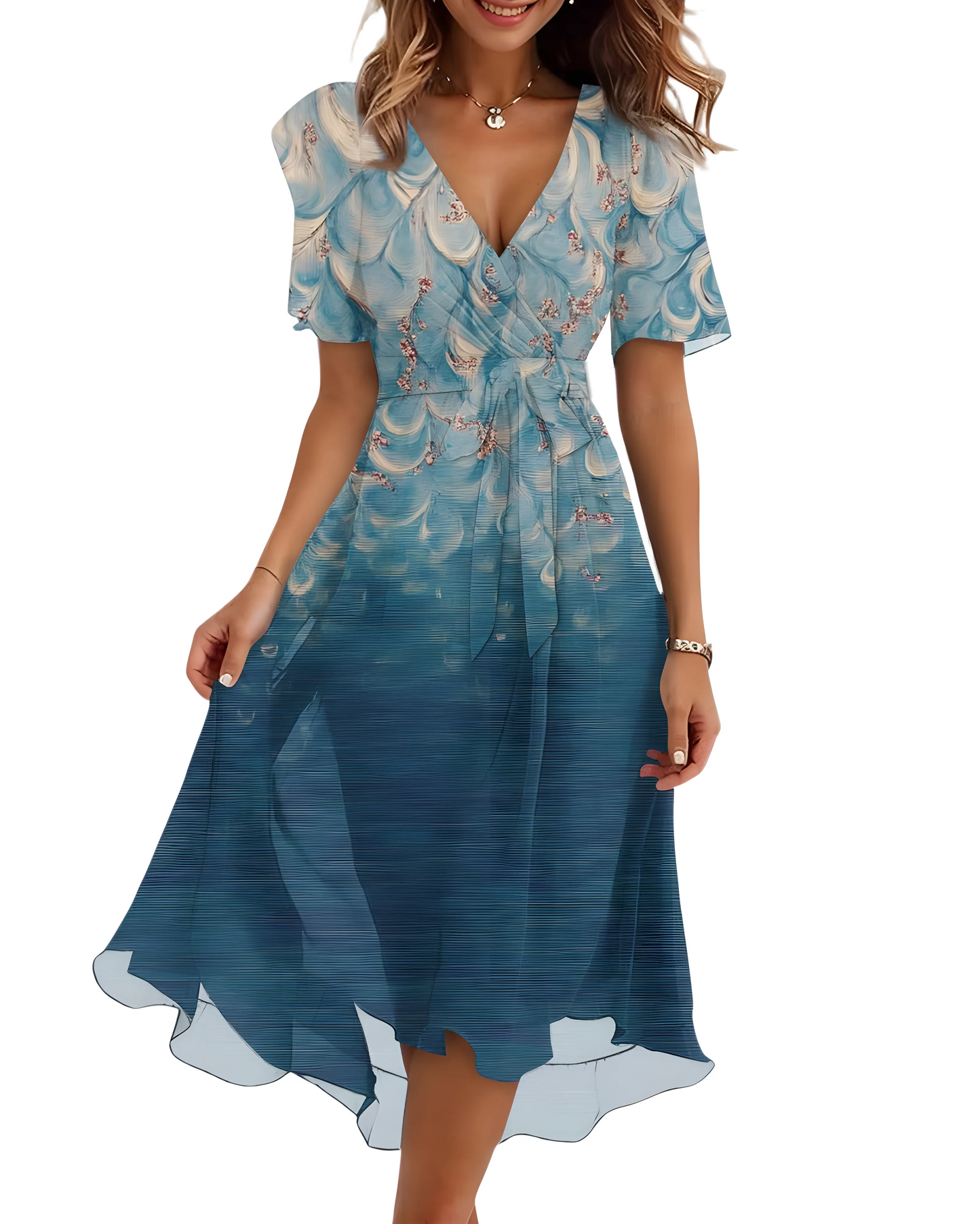 Vestido de Verano Midi de Flores Elegante con Manga Abullonada