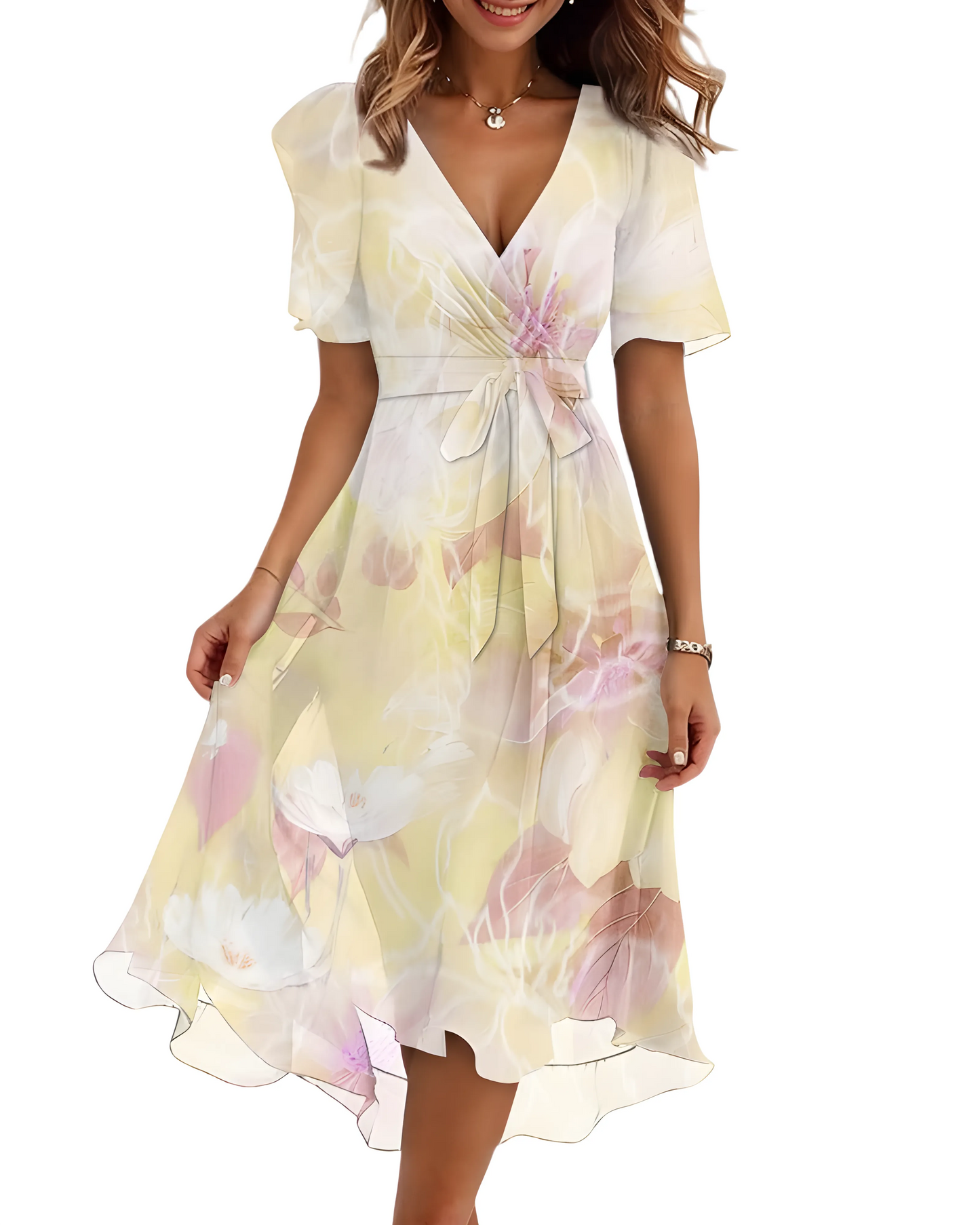 Vestido de Verano Midi de Flores Elegante con Manga Abullonada