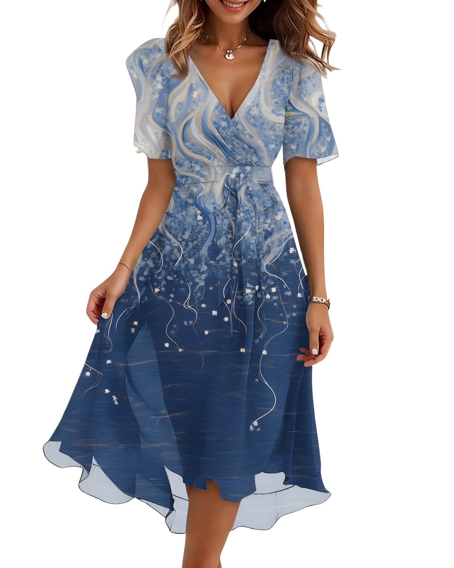 Vestido de Verano Midi de Flores Elegante con Manga Abullonada