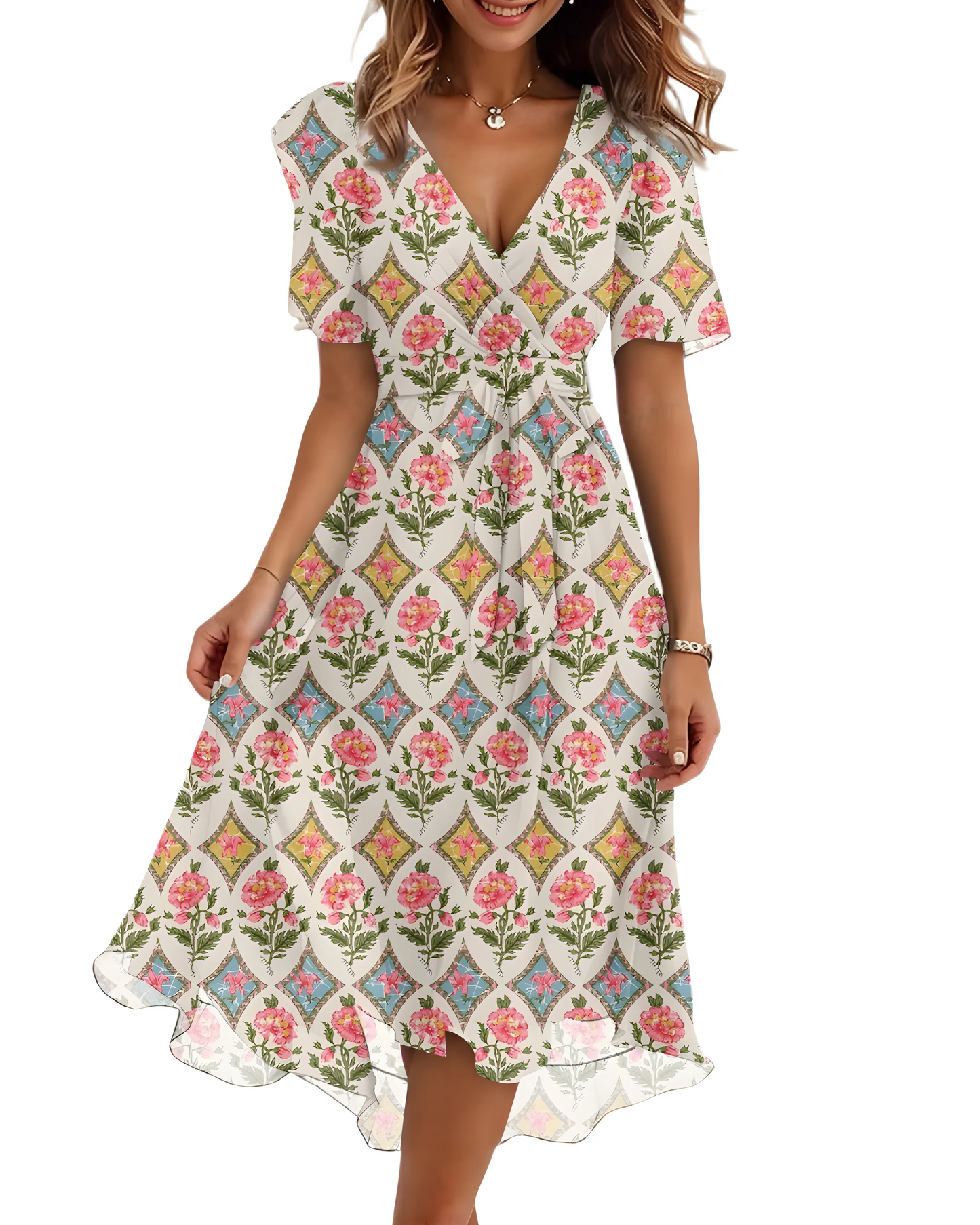 Vestido de Verano Midi de Flores Elegante con Manga Abullonada