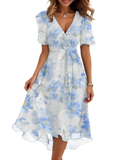 Vestido de Verano Midi de Flores Elegante con Manga Abullonada