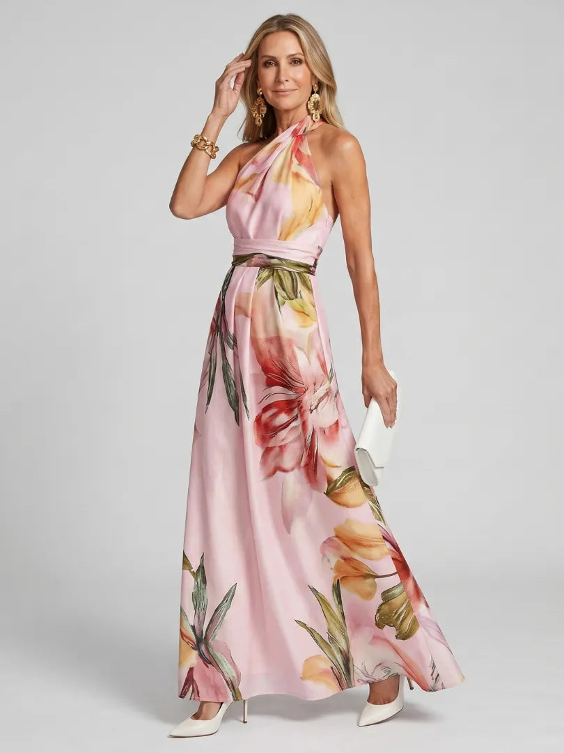 Vestido para Invitada de Boda Largo Elegante Flores con Cuello Halter