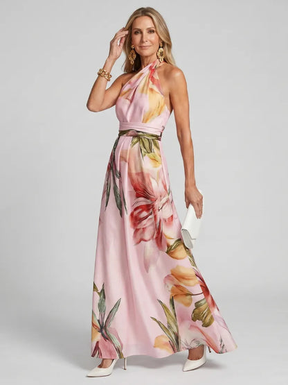 Vestido para Invitada de Boda Largo Elegante Flores con Cuello Halter