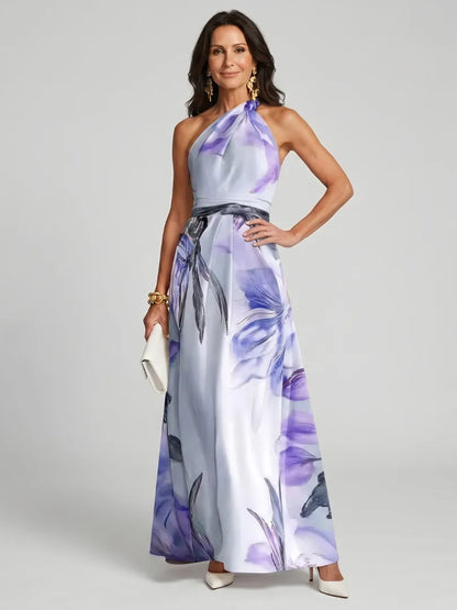 Vestido para Invitada de Boda Largo Elegante Flores con Cuello Halter