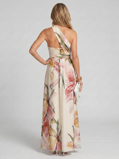 Vestido para Invitada de Boda Largo Elegante Flores con Cuello Halter
