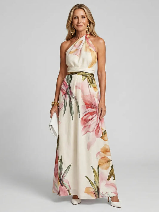 Vestido para Invitada de Boda Largo Elegante Flores con Cuello Halter