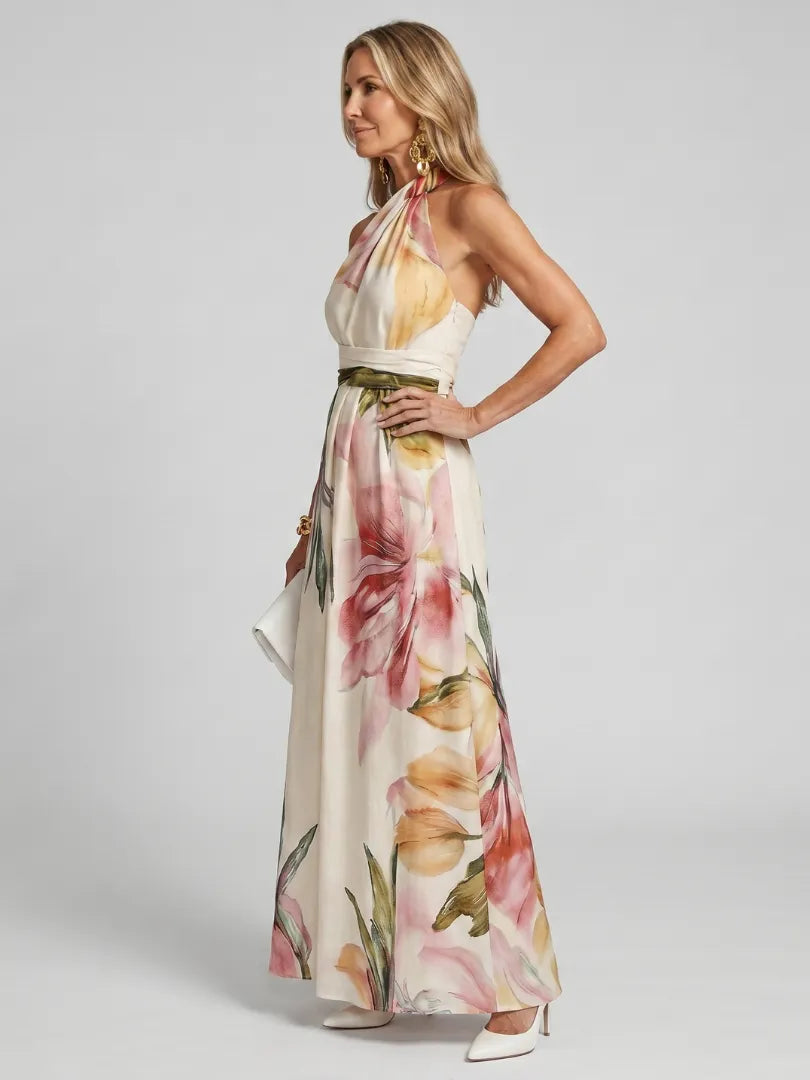 Vestido para Invitada de Boda Largo Elegante Flores con Cuello Halter