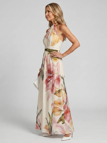 Vestido para Invitada de Boda Largo Elegante Flores con Cuello Halter