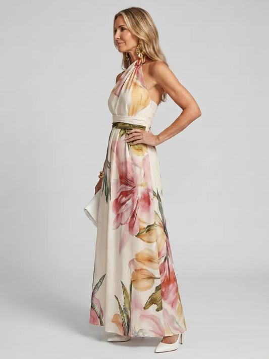 Vestido para Invitada de Boda Largo Elegante Flores con Cuello Halter