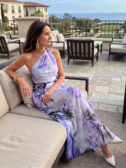 Vestido para Invitada de Boda Largo Elegante Flores con Cuello Halter