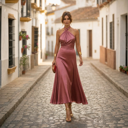 Vestido para Invitada de Boda Largo Elegante con Cuello Halter