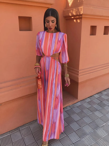 Vestido para Invitada de Boda Largo Estampado Elegante con Espalda Descubierta