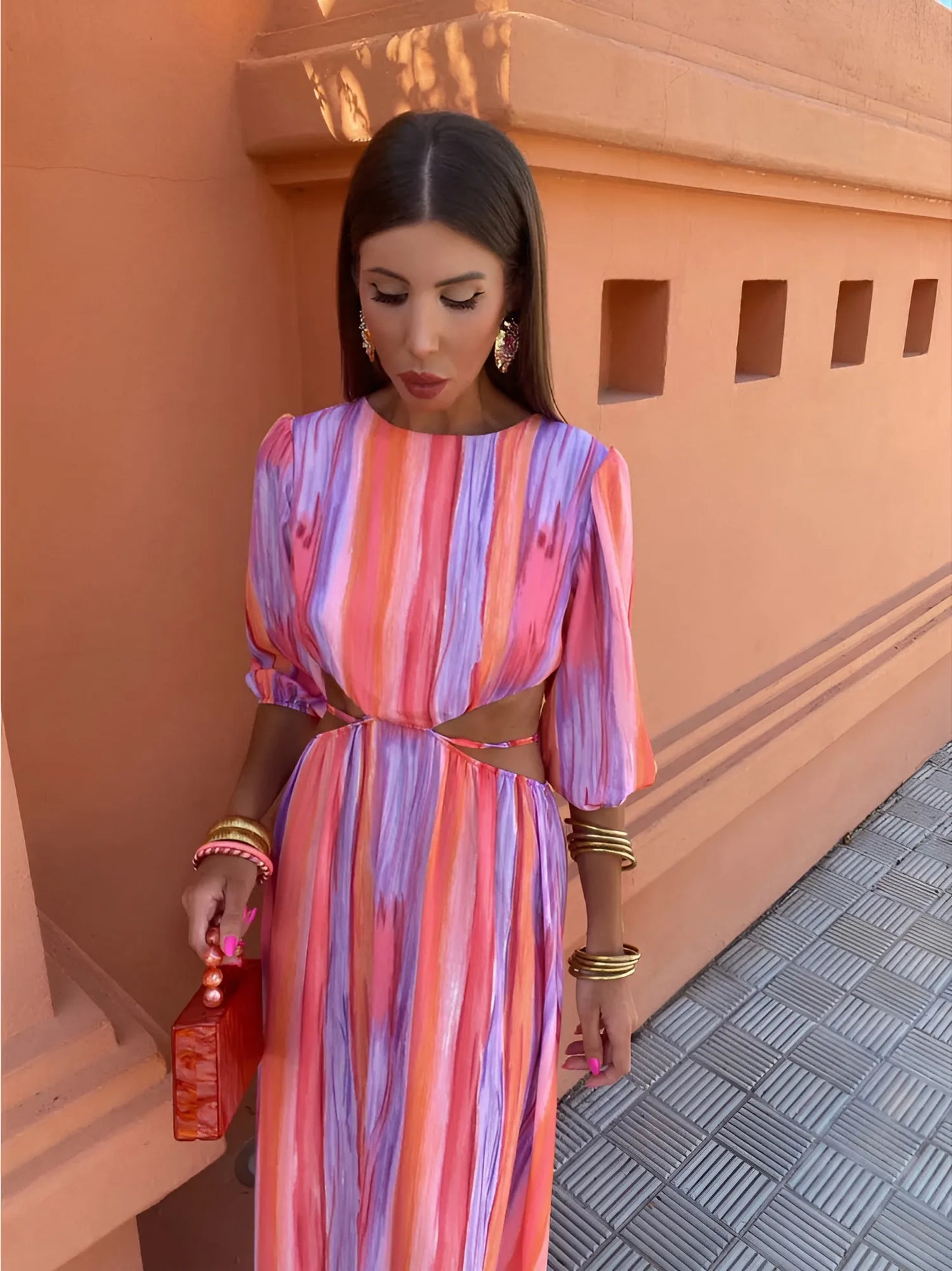Vestido para Invitada de Boda Largo Estampado Elegante con Espalda Descubierta