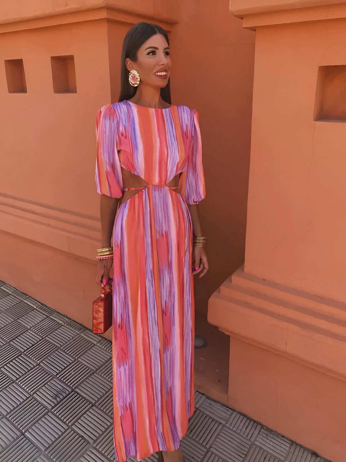 Vestido para Invitada de Boda Largo Estampado Elegante con Espalda Descubierta