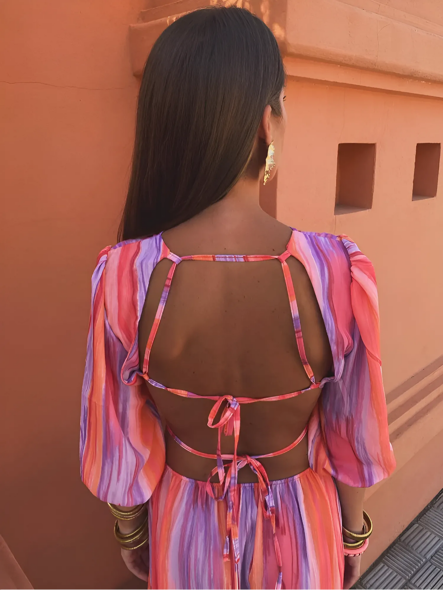 Vestido para Invitada de Boda Largo Estampado Elegante con Espalda Descubierta