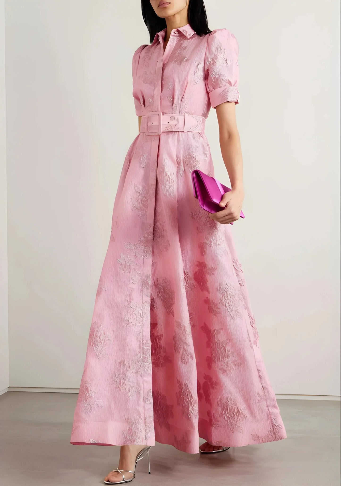 Vestido para Invitada de Boda Largo Rosa Elegante con Manga Abullonada