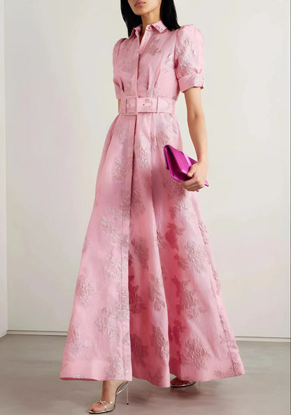 Vestido para Invitada de Boda Largo Rosa Elegante con Manga Abullonada