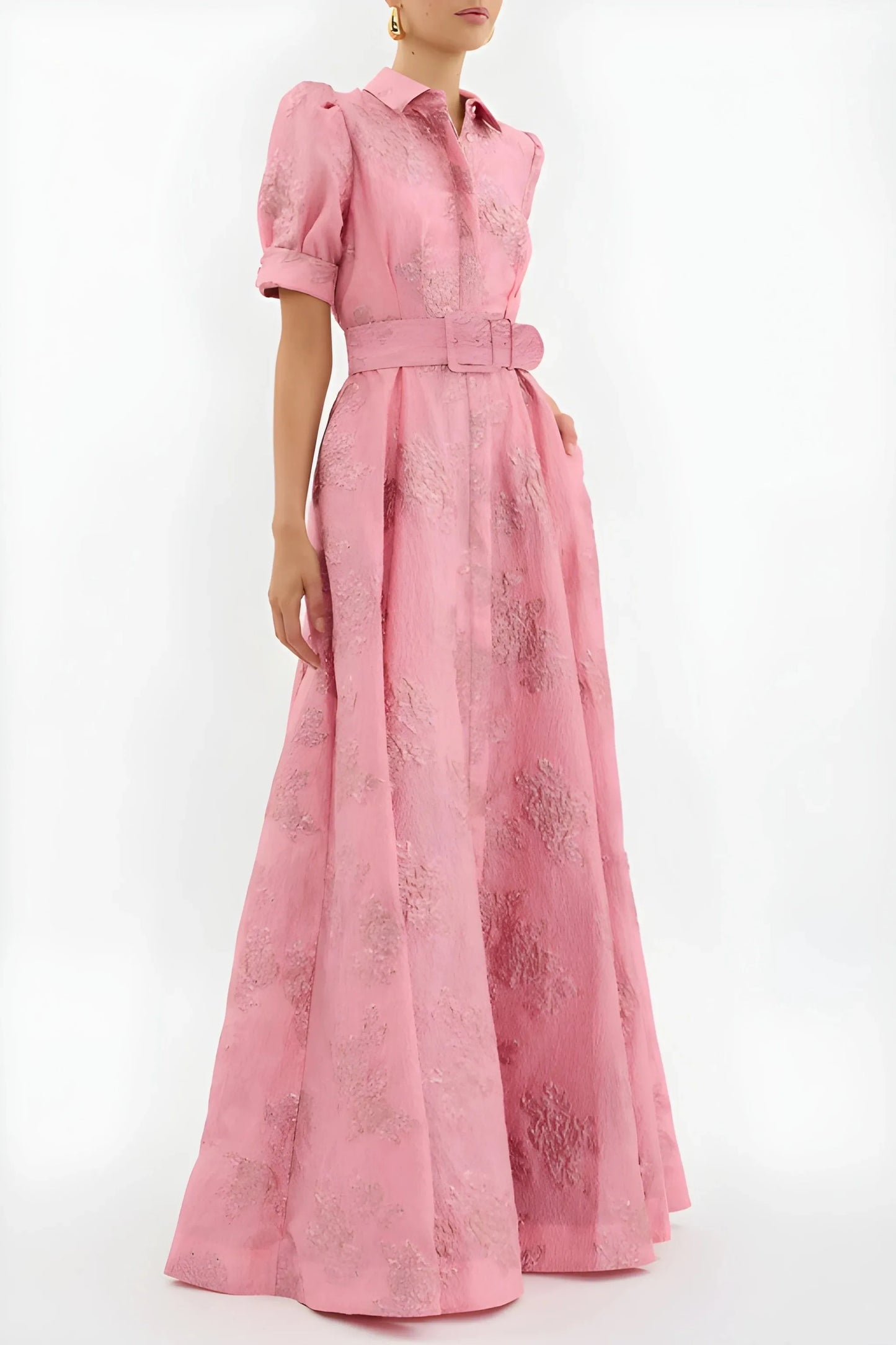 Vestido para Invitada de Boda Largo Rosa Elegante con Manga Abullonada