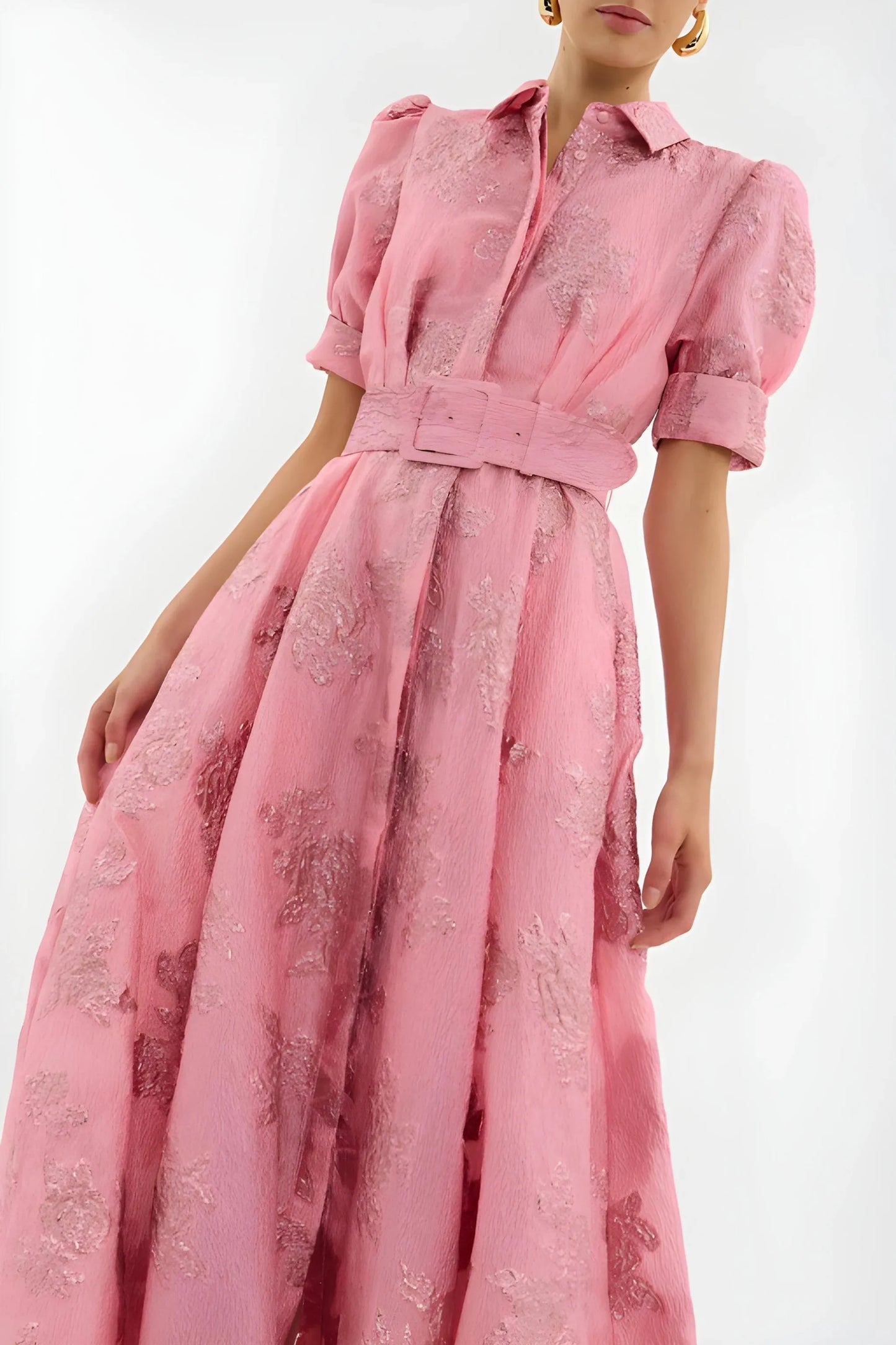Vestido para Invitada de Boda Largo Rosa Elegante con Manga Abullonada