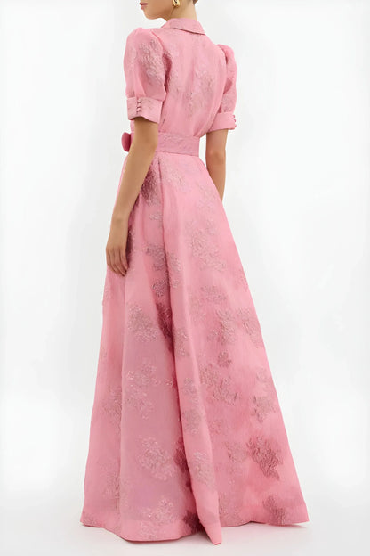 Vestido para Invitada de Boda Largo Rosa Elegante con Manga Abullonada