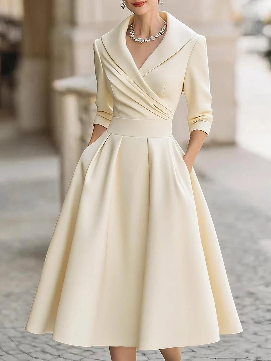 Vestido de Invitada de Boda Midi Elegante con Cuello Solapa